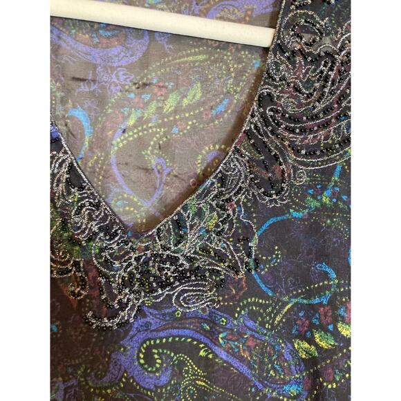 Chico's Silk Kimono Top Womens Large Paisley Beaded Dark Romantic Sheer - Picture 2 of 12